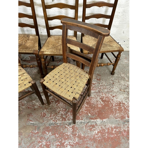 79 - Six dining chairs, three 19th century style oak and rush seated Lancashire chairs and three early 20... 