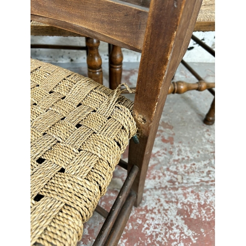 79 - Six dining chairs, three 19th century style oak and rush seated Lancashire chairs and three early 20... 