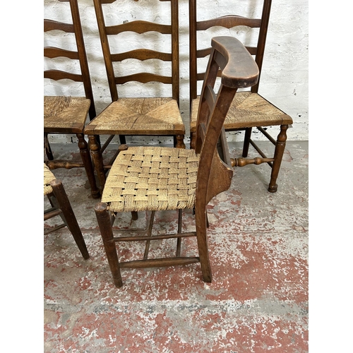 79 - Six dining chairs, three 19th century style oak and rush seated Lancashire chairs and three early 20... 