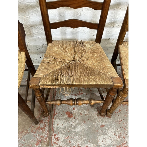 79 - Six dining chairs, three 19th century style oak and rush seated Lancashire chairs and three early 20... 