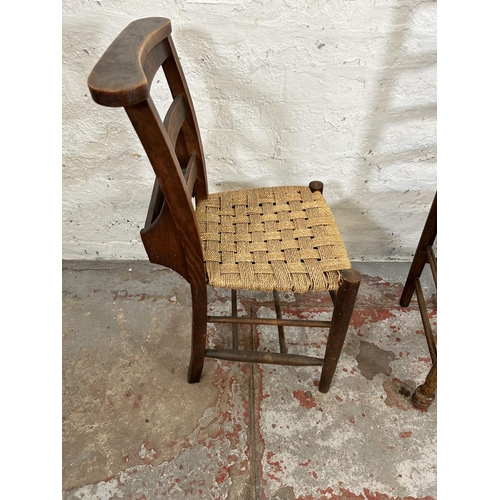 79 - Six dining chairs, three 19th century style oak and rush seated Lancashire chairs and three early 20... 