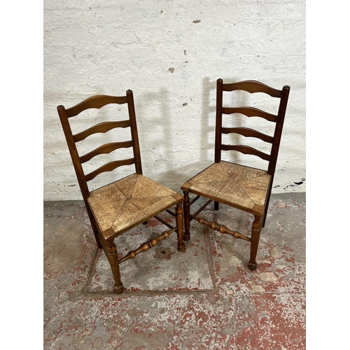 79 - Six dining chairs, three 19th century style oak and rush seated Lancashire chairs and three early 20... 