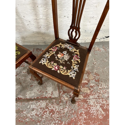 80 - A pair of Edwardian beech and tapestry upholstered dining chairs