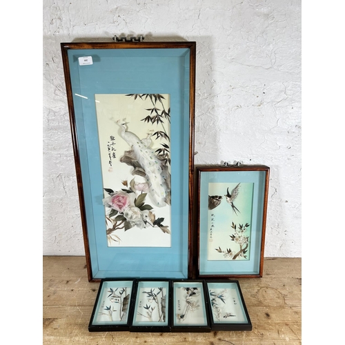 266 - Six framed Chinese 3D feather pictures - largest approx. 80cm high x 38cm wide