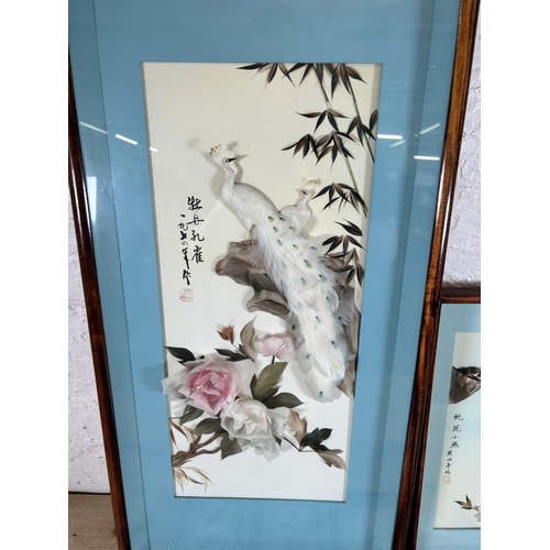 266 - Six framed Chinese 3D feather pictures - largest approx. 80cm high x 38cm wide