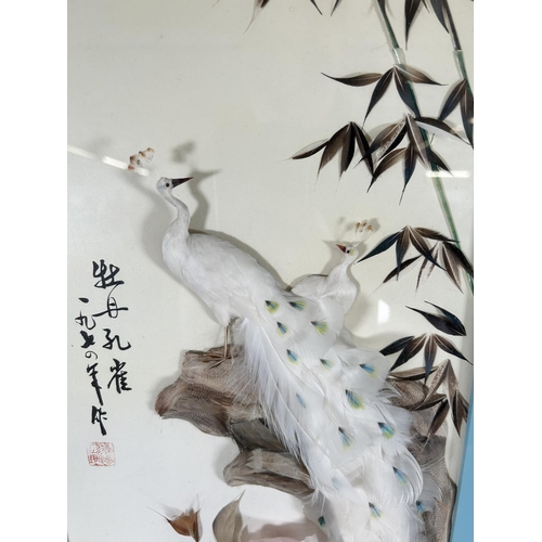 266 - Six framed Chinese 3D feather pictures - largest approx. 80cm high x 38cm wide