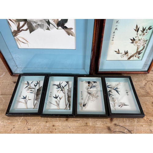 266 - Six framed Chinese 3D feather pictures - largest approx. 80cm high x 38cm wide