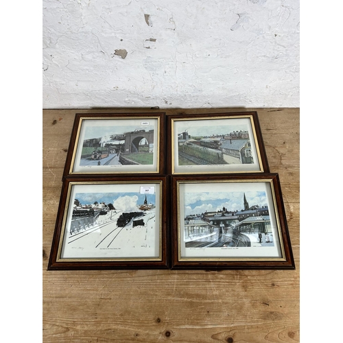 267 - Four framed pencil signed limited edition railway prints by Ark - all approx. 25cm high x 30cm wide