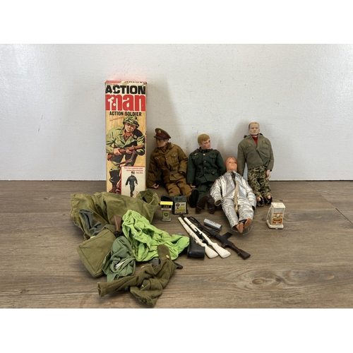 1697 - Five vintage action figures and accessories to include boxed Action Man, Mintex GI Joe etc.