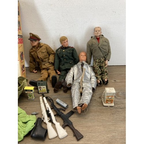 1697 - Five vintage action figures and accessories to include boxed Action Man, Mintex GI Joe etc.