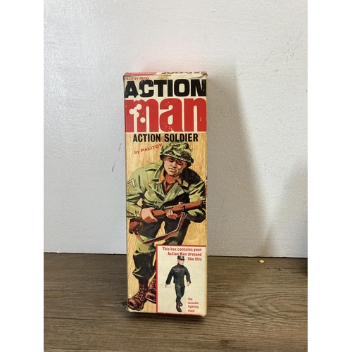 1697 - Five vintage action figures and accessories to include boxed Action Man, Mintex GI Joe etc.