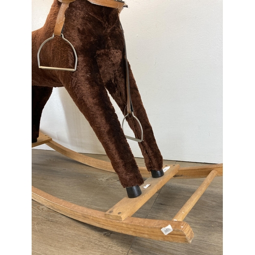 1705 - A modern brown fabric rocking horse on wooden stand - approx. 79cm high