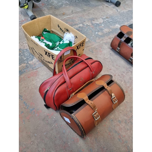 293A - A box containing Heineken Rubgy World Cup 2015 scarves and two vintage cased pairs of crown green bo... 