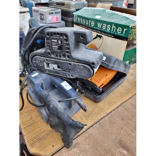 341 - A collection of power tools to include Ferm 240v circular saw, cased JCB 240v jig saw, Black & Decke... 