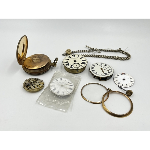 2497 - A collection of pocket watch parts to include four movements with dials, white metal Albert chain, A... 