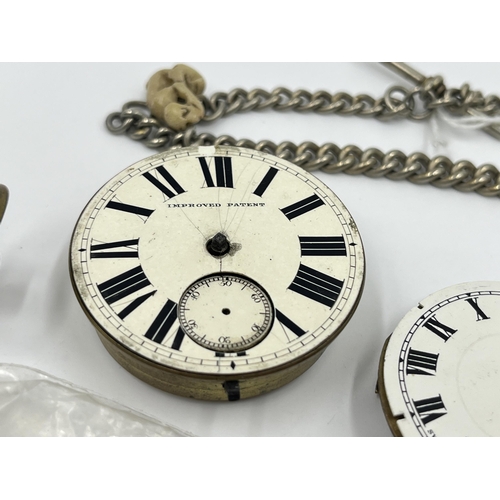 2497 - A collection of pocket watch parts to include four movements with dials, white metal Albert chain, A... 