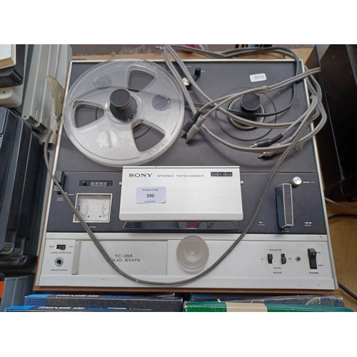 590 - A Sony TC-355 Solid-State three-head reel-to-reel tape recorder with a large quantity of tapes