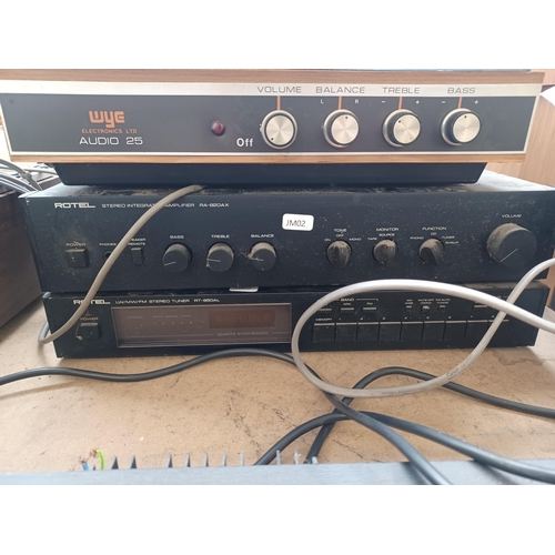 591 - Three items of vintage hi-fi, one WYE Electronics Ltd Audio 25 three-speed record player, one Rotel ... 