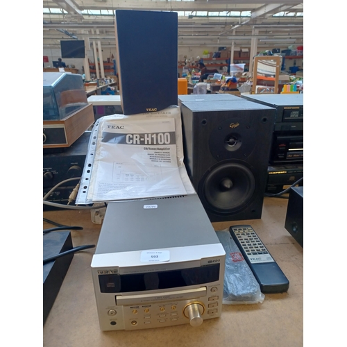 593 - Three items, one Teac CR-H100 tuner/amplifier/CD player, one pair of Teac LS-100U speakers and one p... 