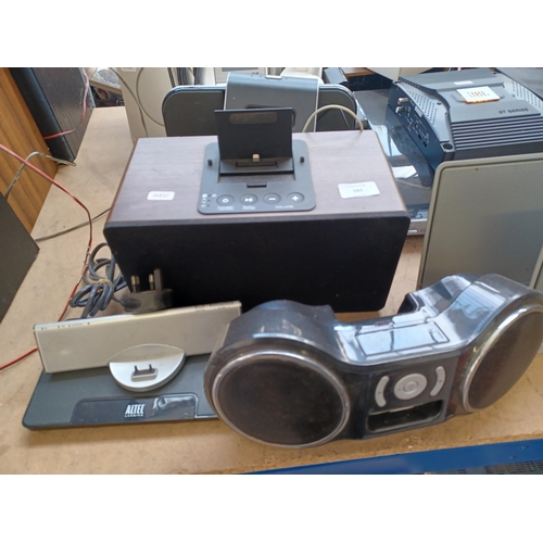 597 - A collection of items to include Altec Lansing, iWantit and cased Edifier docking speakers, JBL GT S... 