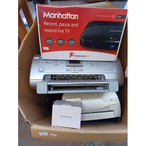 606 - A collection of items to include boxed Manhattan Freeview HD recorder, HP Photosmart 7960 printer, H... 