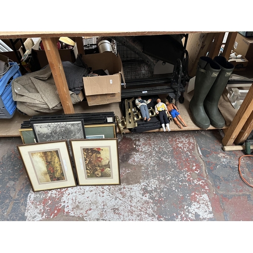 399 - A large collection of house clearance items to include brass kettle, framed prints, garden hedge tri... 