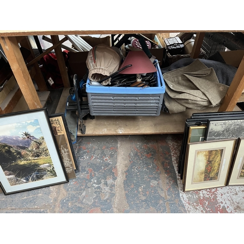 399 - A large collection of house clearance items to include brass kettle, framed prints, garden hedge tri... 