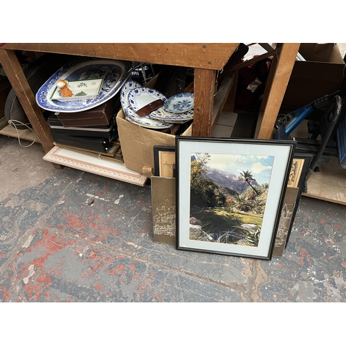 399 - A large collection of house clearance items to include brass kettle, framed prints, garden hedge tri... 