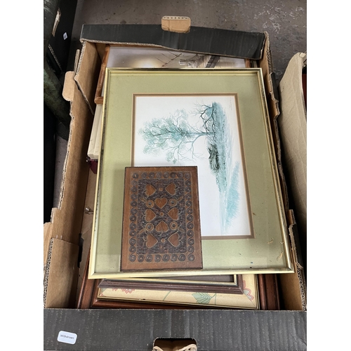 402 - Five boxes containing ceramics, books, framed prints, vinyl records etc.