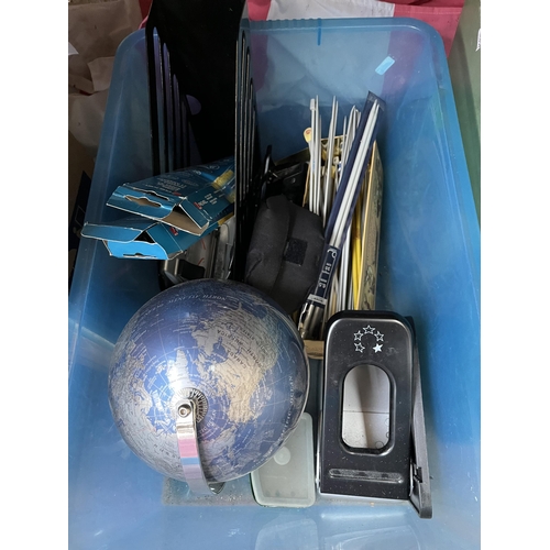 404 - Four boxes and one suitcase containing walking sticks, ceramics, desktop globe etc.