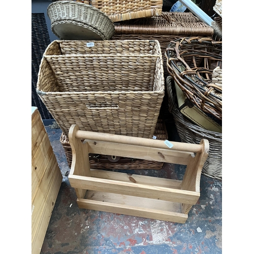 407 - A large collection of wicker ware and small furniture to include early 20th century oak framed silk ... 