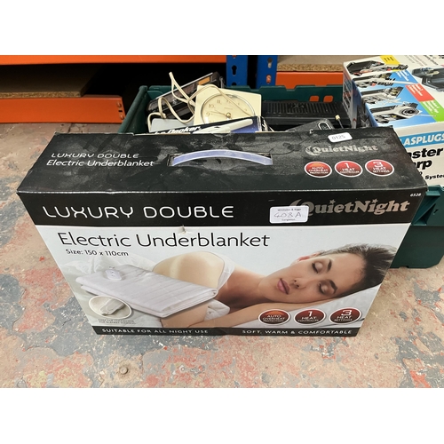 408A - A box containing Quietnight luxury double electric underblanket, Plasplugs Master Sharp modular 10 s... 