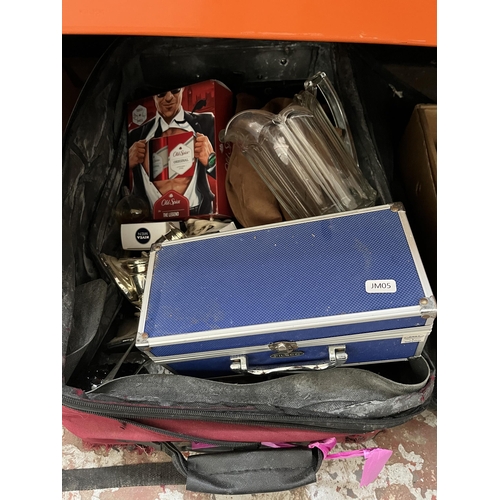 410 - Three boxes and one suitcase containing ceramics, shisha pipe, silver plated ware, beauty products e... 