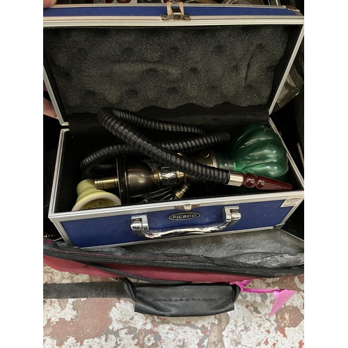 410 - Three boxes and one suitcase containing ceramics, shisha pipe, silver plated ware, beauty products e... 