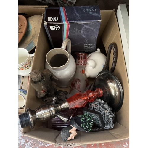 410 - Three boxes and one suitcase containing ceramics, shisha pipe, silver plated ware, beauty products e... 