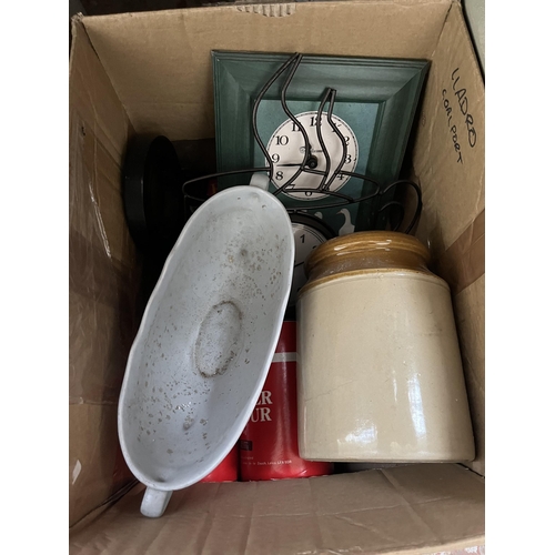 410 - Three boxes and one suitcase containing ceramics, shisha pipe, silver plated ware, beauty products e... 