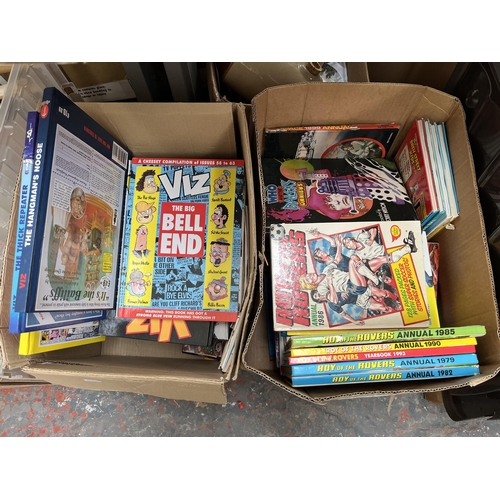 435 - Two boxes containing a large quantity of book and annuals to include Roy of The Rovers, Viz, Doctor ... 