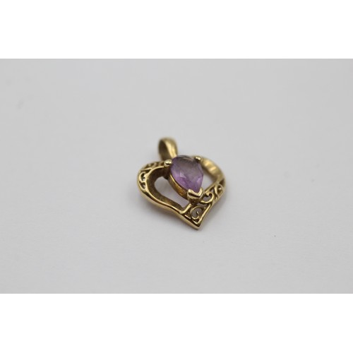 1004 - Four 9ct white and yellow gold heart pendants, two diamond and two amethyst - approx. gross weight 3... 