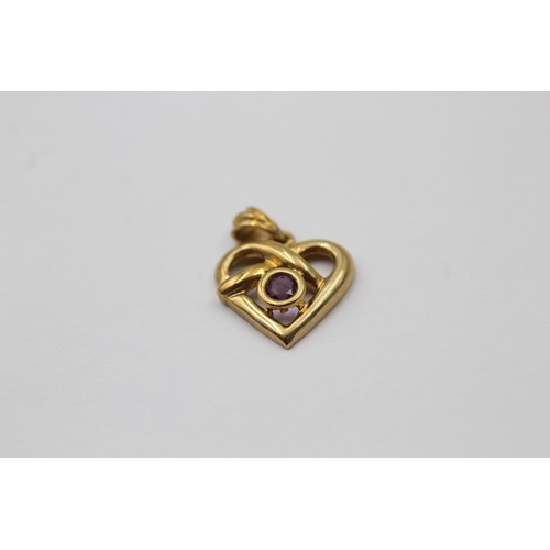 1004 - Four 9ct white and yellow gold heart pendants, two diamond and two amethyst - approx. gross weight 3... 