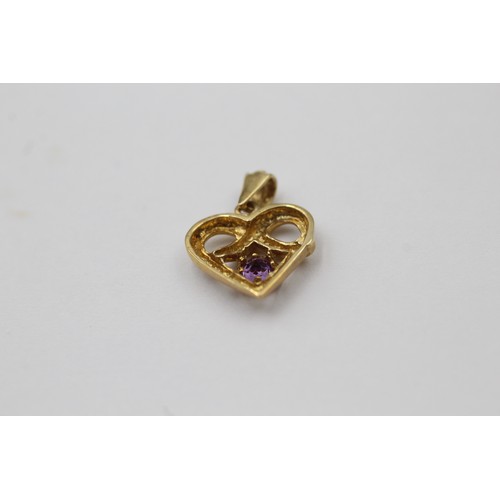 1004 - Four 9ct white and yellow gold heart pendants, two diamond and two amethyst - approx. gross weight 3... 