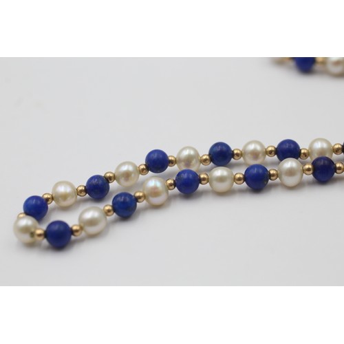 1111 - A cultured pearl and lapis lazuli necklace with 9ct gold clasp and spacers - approx. gross weight 8.... 