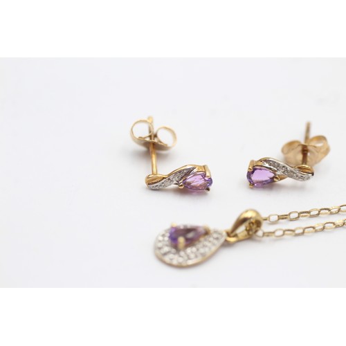 1114 - A 9ct gold amethyst and diamond teardrop pendant necklace and earrings set - approx. gross weight 2.... 