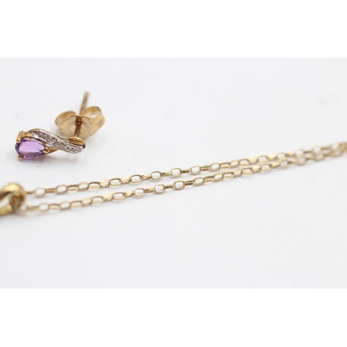 1114 - A 9ct gold amethyst and diamond teardrop pendant necklace and earrings set - approx. gross weight 2.... 