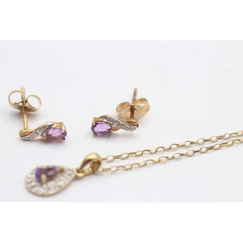 1114 - A 9ct gold amethyst and diamond teardrop pendant necklace and earrings set - approx. gross weight 2.... 