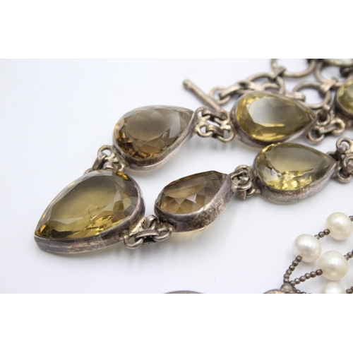 1152 - Two .925 silver citrine set necklaces to include cultured pearls etc. - approx. gross weight 205 gra... 