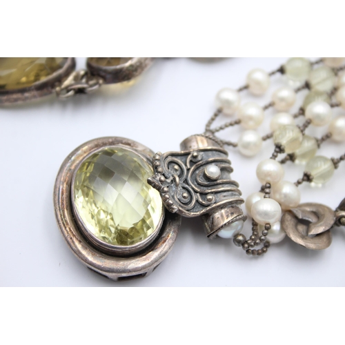 1152 - Two .925 silver citrine set necklaces to include cultured pearls etc. - approx. gross weight 205 gra... 