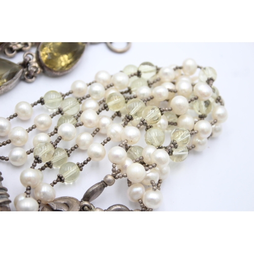 1152 - Two .925 silver citrine set necklaces to include cultured pearls etc. - approx. gross weight 205 gra... 