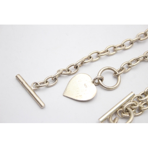 1156 - A .925 silver T bar necklace and bracelet set with heart charms - approx. gross weight 49 grams