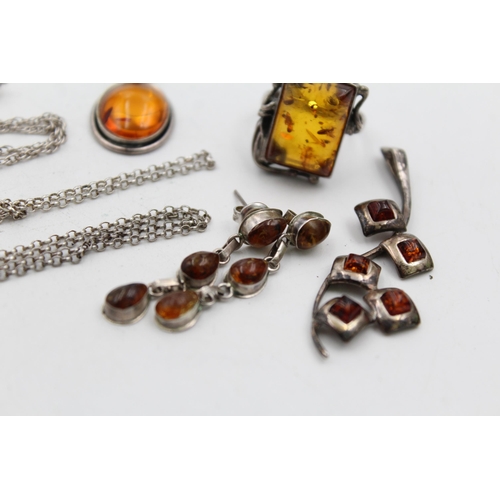 1161 - Six pieces of .925 silver amber set jewellery - approx. gross weight 30 grams