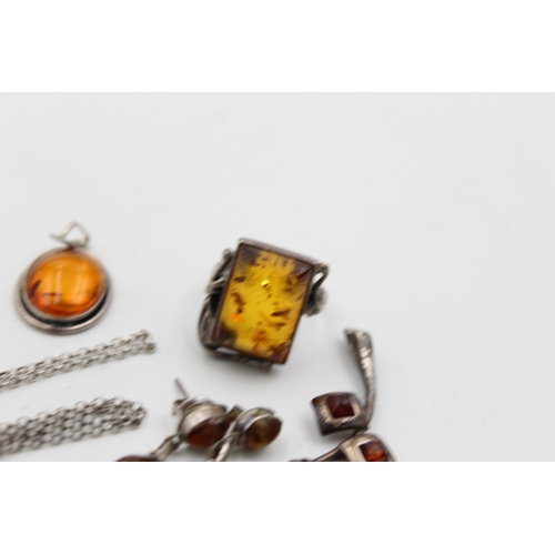 1161 - Six pieces of .925 silver amber set jewellery - approx. gross weight 30 grams